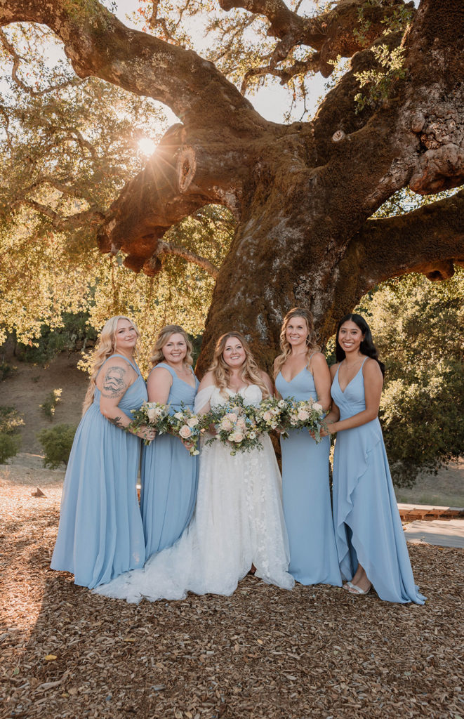 Bride and bridesmaids portraits after wedding in bay area in california at mountain house estate
