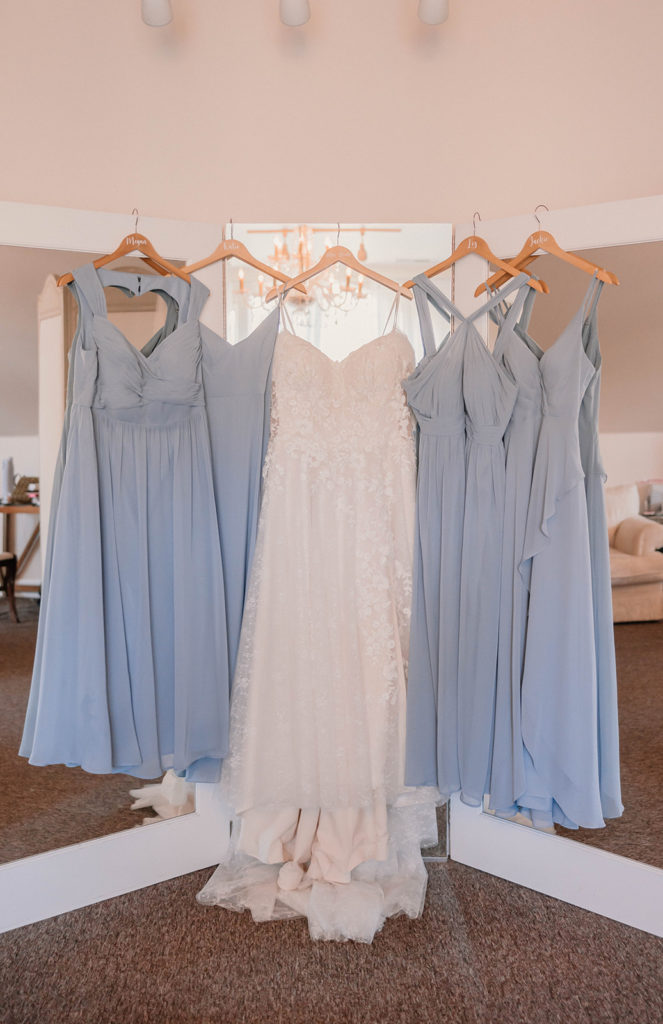 Brides dress and blue bridemaids dresses