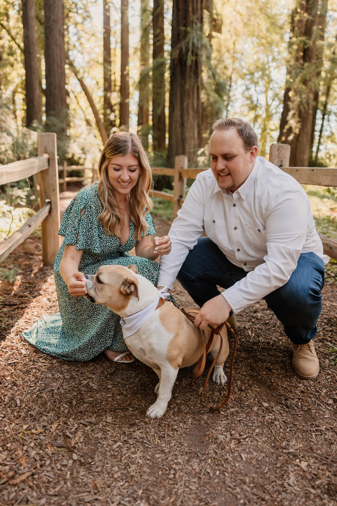 Couple posing with their dog for engagement photos in Riverfront Regional Park in Sanoma County California
