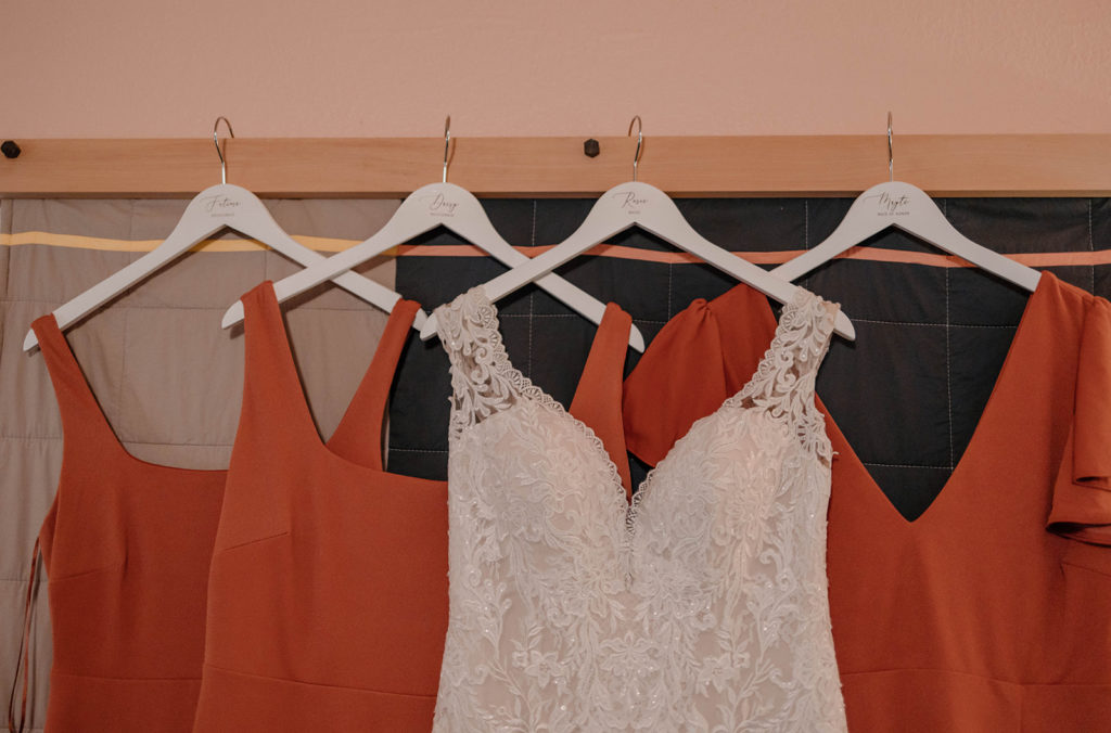 Brides dress and burnt orange bridesmaids dresses