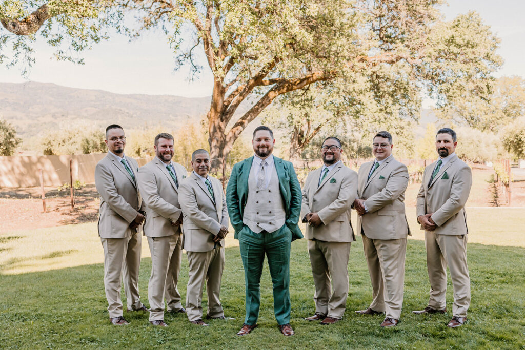 Groom and groomsman photos at Saracina Vineyards in California Mendocino county