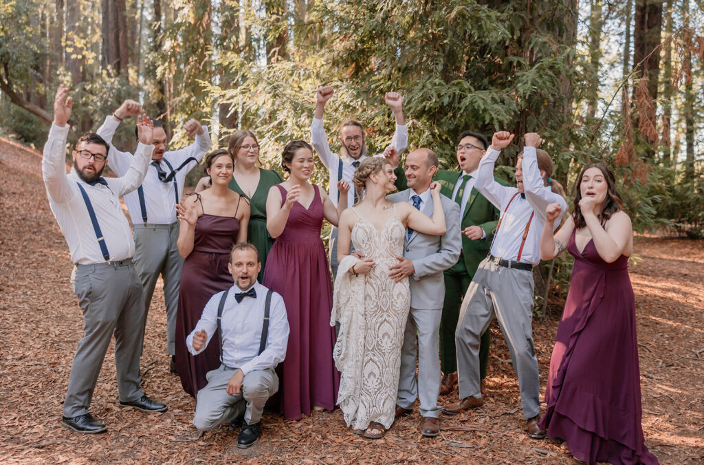 Wedding party photos from intimate redwoods wedding in Riverfront Regional Park
