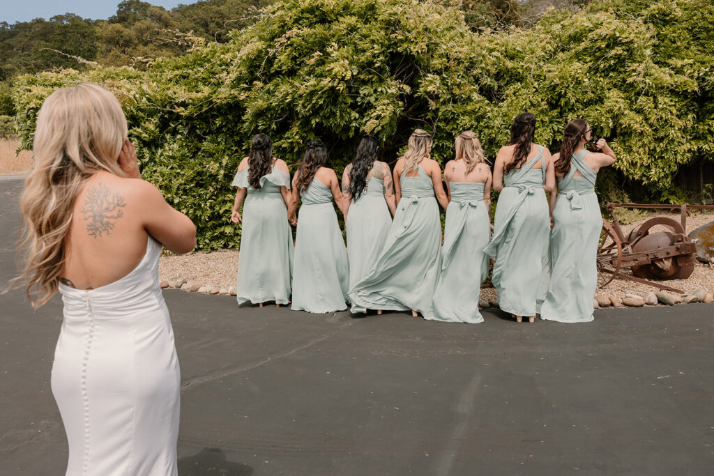 Brides first looks with bridesmaids