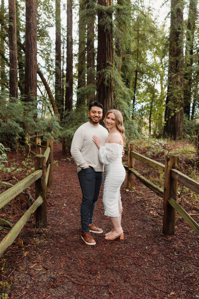 Couples engagement photos in redwoods forest