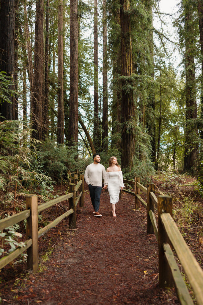Couple walking through redwoods forest 